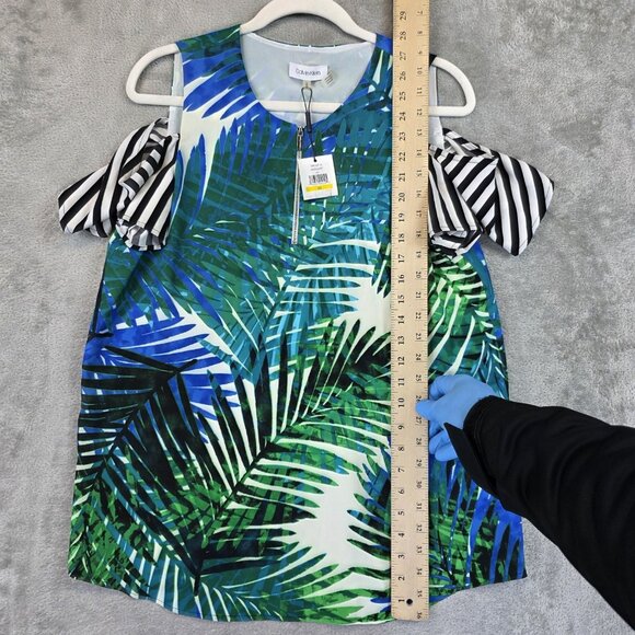 Calvin Klein Top Womens Medium Green Tropical Palm Print Cold Shoulder NWT - Picture 4 of 10